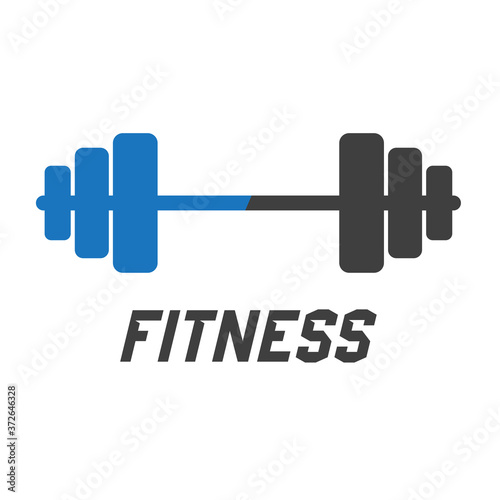 Concepto gimnasio. Logotipo Fitness con mancuerna en gris y azul