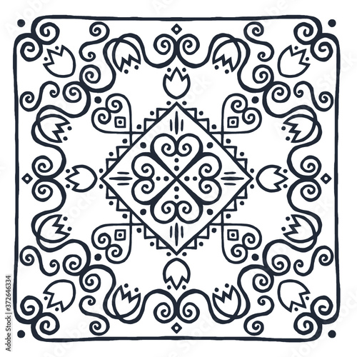 Ornament of silhouette of flowers, twisted lines and hearts. Print for the cover of the book, postcards, t-shirts. Illustration for rugs.