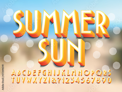 Summer Sun Alphabet; A Sunny and Summery Bright Orange Font. This Lettering Has a Carefree and Festive Holiday Feel and a Warm Vacation Vibe. Unfocused Beach Dunes and Bokeh Lights in the Background.