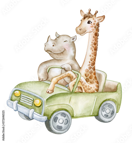 Canvas Print Giraffe and rhinoceros African animals by car isolated on a white background