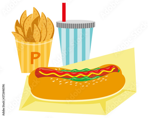 フライドポテトとドリンクとホットドックセットのベクターイラスト