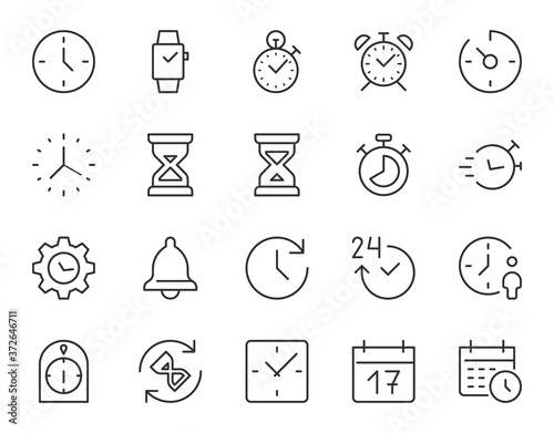 Time, Clock Thin Line Icon. Minimal Vector Illustration. Included Simple Outline Icons as Watch, Stopwatch, Timer, Alarm, Calendar, Sand Hourglass. Editable Stroke
