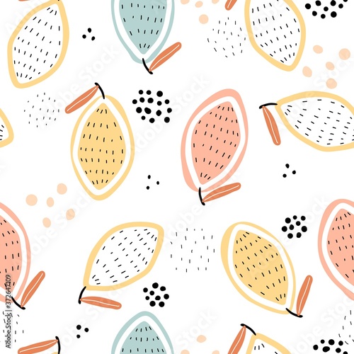 Seamless pattern with cartoon lemons, decor elements. vector flat style. hand drawing. design for fabric, textile, print, wrapper