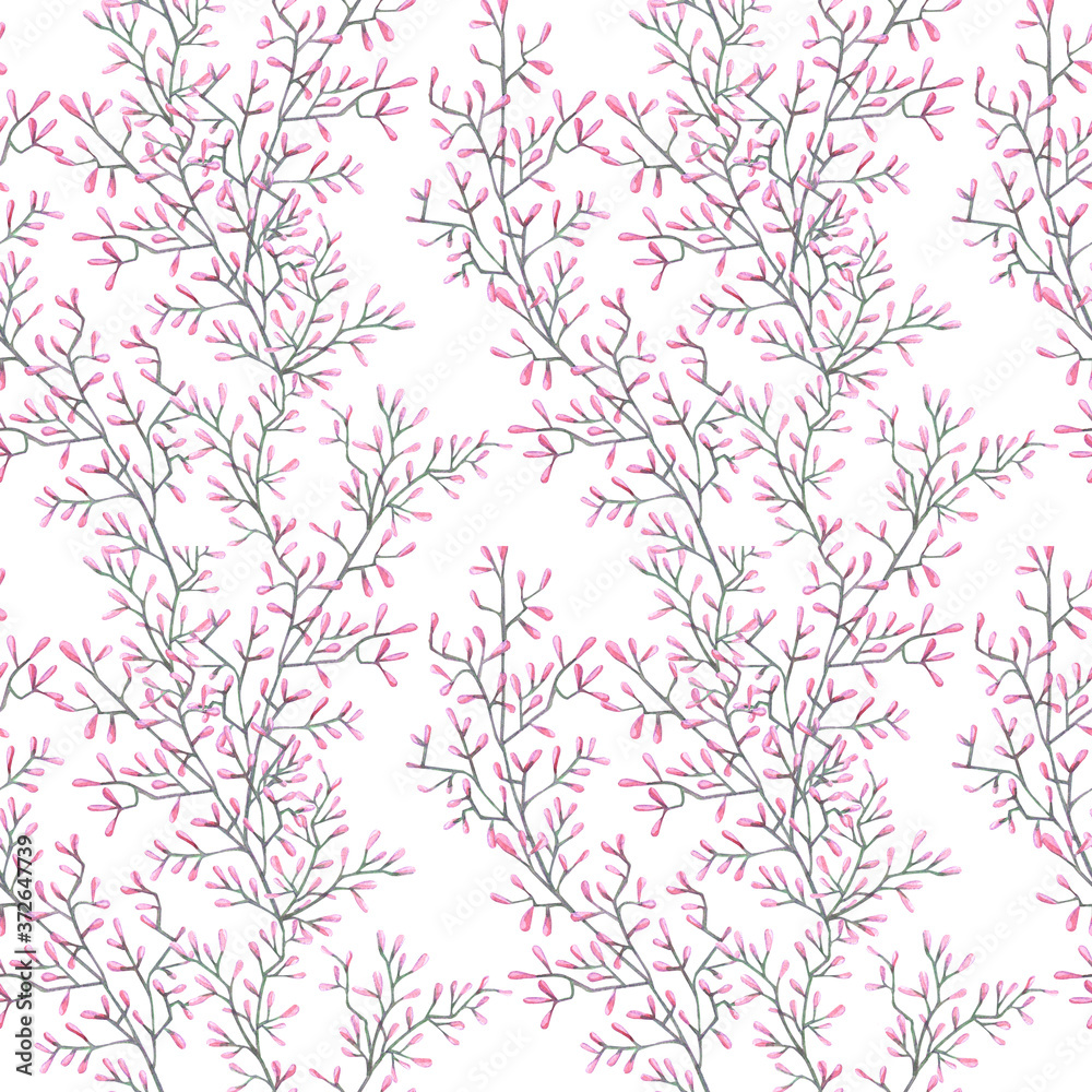 Watercolor seamless pattern with flowers drawn by hand. Floral background with bright elegant elements - peonies. anemones, leaves, etc
