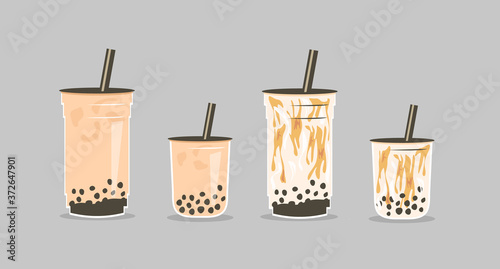 Set of famous Taiwanese beverage. Take away glass of brown sugar bubble tea and pearls milk tea in two sizes small, medium and large cup. Vector illustration for street asian drinks at night market. 