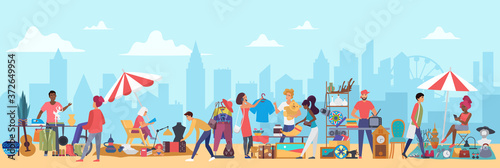 People in flea market vector illustration. Cartoon flat man woman buyer characters shopping second hand clothes on garage sale, vendors sell vintage furniture, jewelry in bazaar marketplace background photo