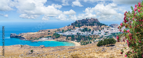 Landscape with beach and castle at Lindos village of Rhodes, Greece