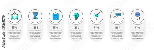 Infographics with seven circles and labels. Abstract vector template. Can be used for seven business, web, banner, workflow layout, presentations, flowchart, content, chart. Data visualization.