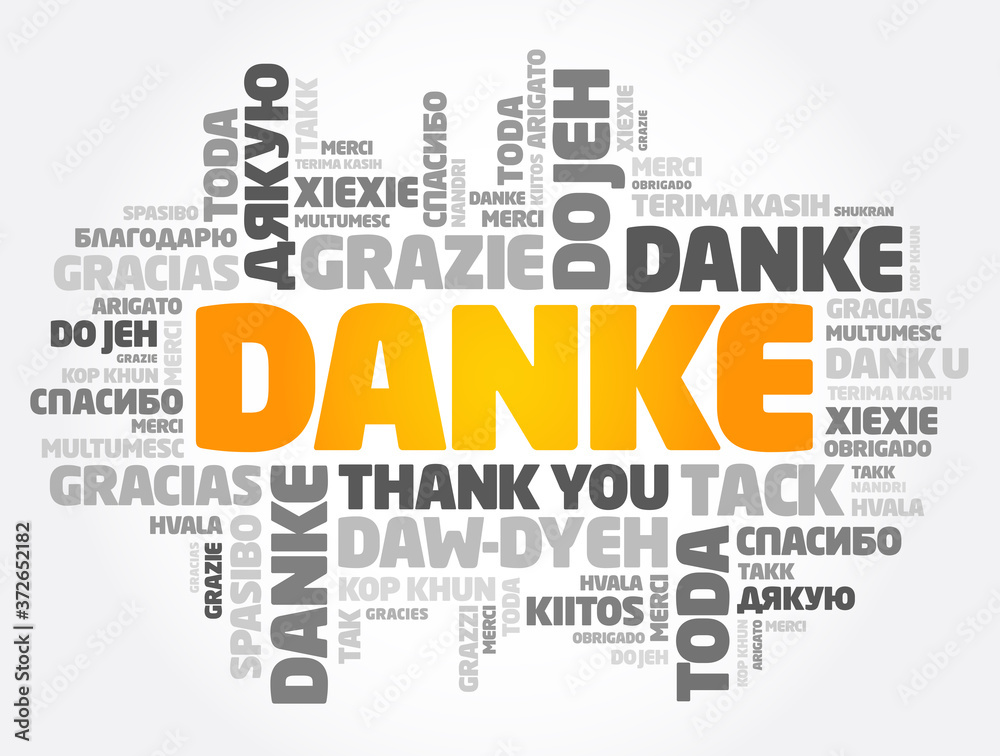 Danke (Thank You in German) word cloud background in different languages