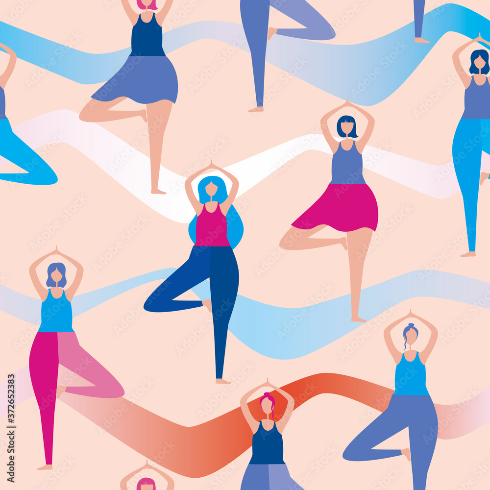 Seamless pattern with a girl during yoga, asana, meditation, posture, sports for printing on fabric, textiles. Flat vector stock illustration with random women as background, backdrop, texture for web