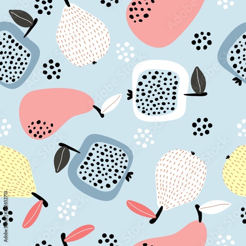  Seamless pattern with cartoon apple, pear, decor elements on a neutral background. fruit theme. vector. hand drawing. design for fabric, print, wrapper, textile 