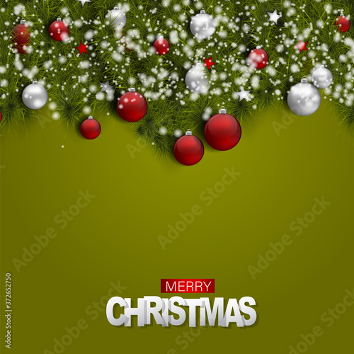Christmas banner  Merry Xmas holiday background design. Fir tree branches with red and white balls. 3d realistic vector illustation.