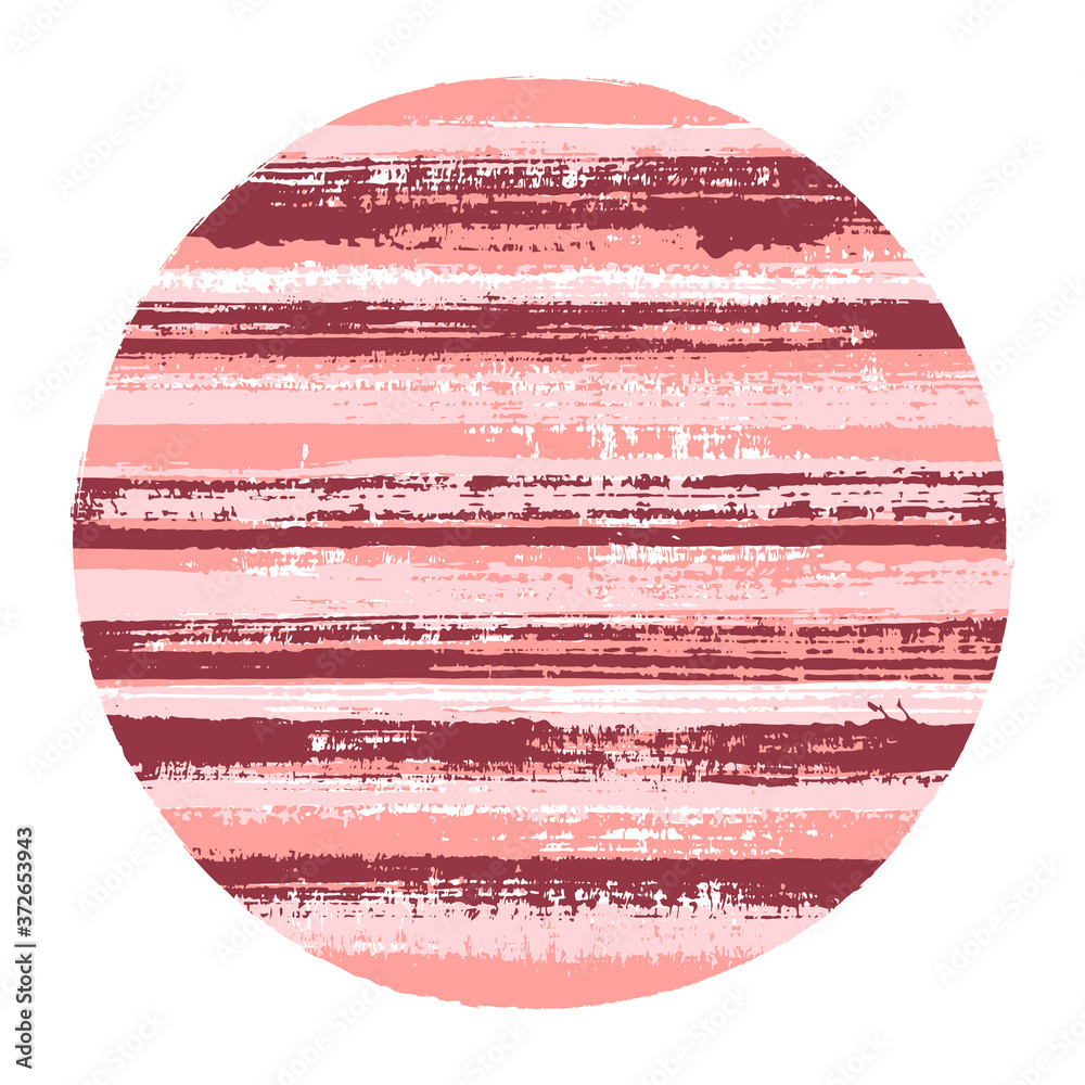 Hipster circle vector geometric shape with striped texture of paint horizontal lines. Disk banner with old paint texture. Emblem round shape logotype circle with grunge background of stripes.