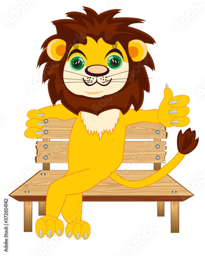 Cartoon animal lion sitting on wooden bench
