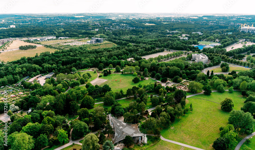 Dortmund, Germany - June 2019: Landscape of Dortmund from Florian Tower, Florian is a telecommunications tower. Dortmund, Germany - June 2019: Landscape of Dortmund from Florian Tower, Florian is a telecommunications tower.
