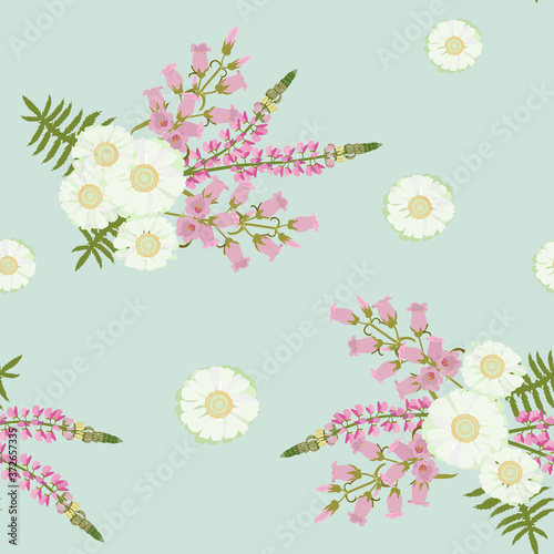 Seamless vector illustration with lupine,daisy and campanula