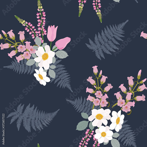 Seamless vector illustration with lupine and campanula