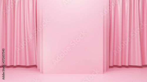 3d render of Realistic Curtain fabric and geometry box shapes, pastel color background.