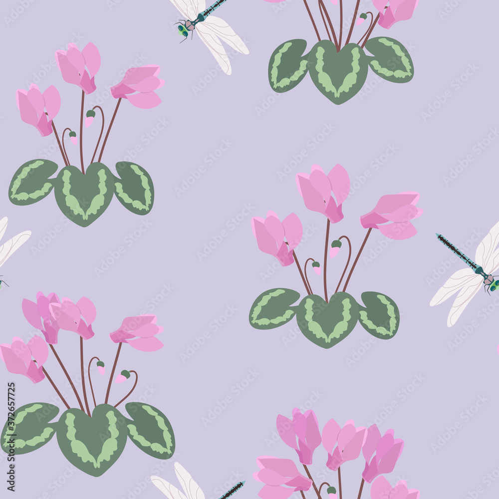 Seamless vector illustration with cyclamens and dragonflies