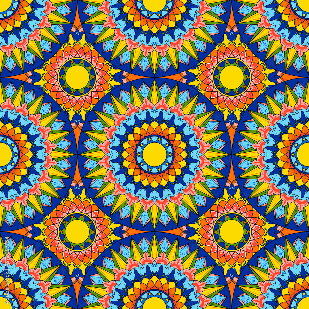 Costa Rica pattern vector seamless. Decorated background with traditional coffee carreta wheel ornament. Tribal indian mandala print. Multicolored design for independence day festival.