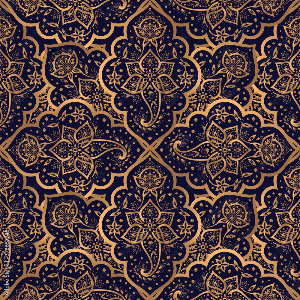 Luxury background golden vector. Arabesque paisley royal pattern seamless. Oriental design for christmas party, new year gift package, holiday wallpaper, beauty spa, yoga salon, wedding.