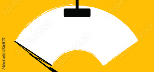 Car wiper clean the glass. Rain and snow on background. Wipers cleans the windshield. Fun vector sign.