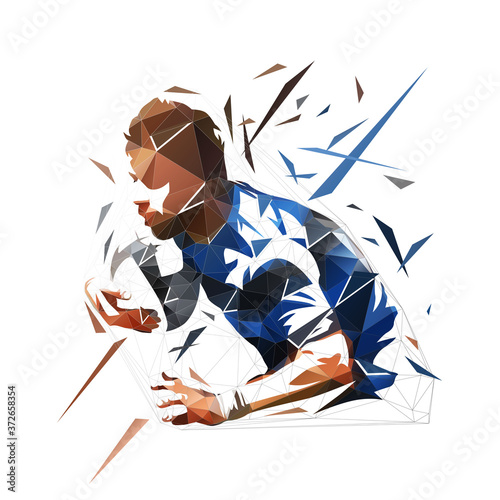 Rugby player running and holding ball, low polygonal vector illustration. Geometric isolated rugby logo from triangles photo