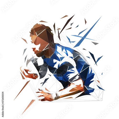 Rugby player running and holding ball, low polygonal vector illustration. Geometric isolated rugby logo from triangles