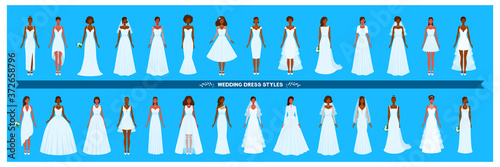 Wedding dress collection. Different styles and shapes. A large set of various dresses. Young adult women. African American brides. A vector cartoon illustration.