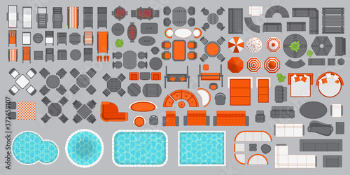 Outdoor furniture and patio items. (top view) Icons set. Tables, benches, chairs, sunbeds, paths, pool, swings, umbrellas. (view from above). Furniture store.