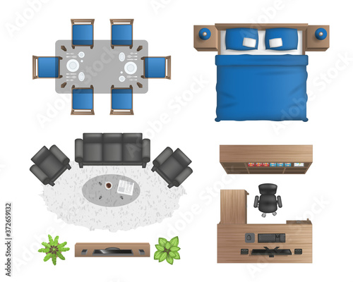 Furniture for the bedroom, living room, kitchen, office. Top view. Double bed, kitchen table, desk, sofa, wardrobe. View from above.