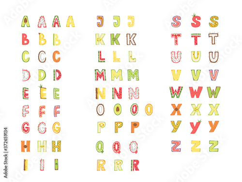 Fruit Alphabet set. capital letters. Vector illustration.