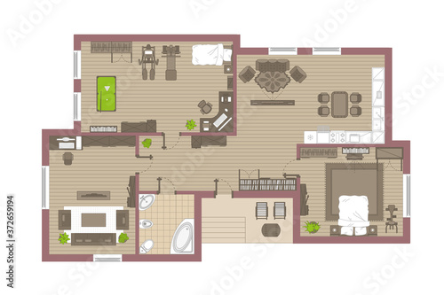 Apartment floor plan. (top view) Furnished flat. (view from above) Interior architecture. Living room, bedroom, kitchen, bathroom, office. 