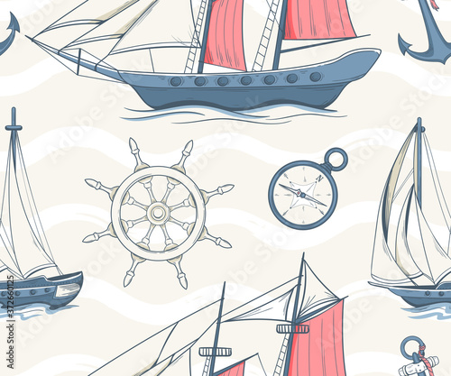 Seamless pattern with sailing yachts and nautical equipment
