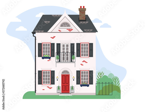 Nice residential building with garden and part of the landscape. Flat vector illustration. Design template elements.