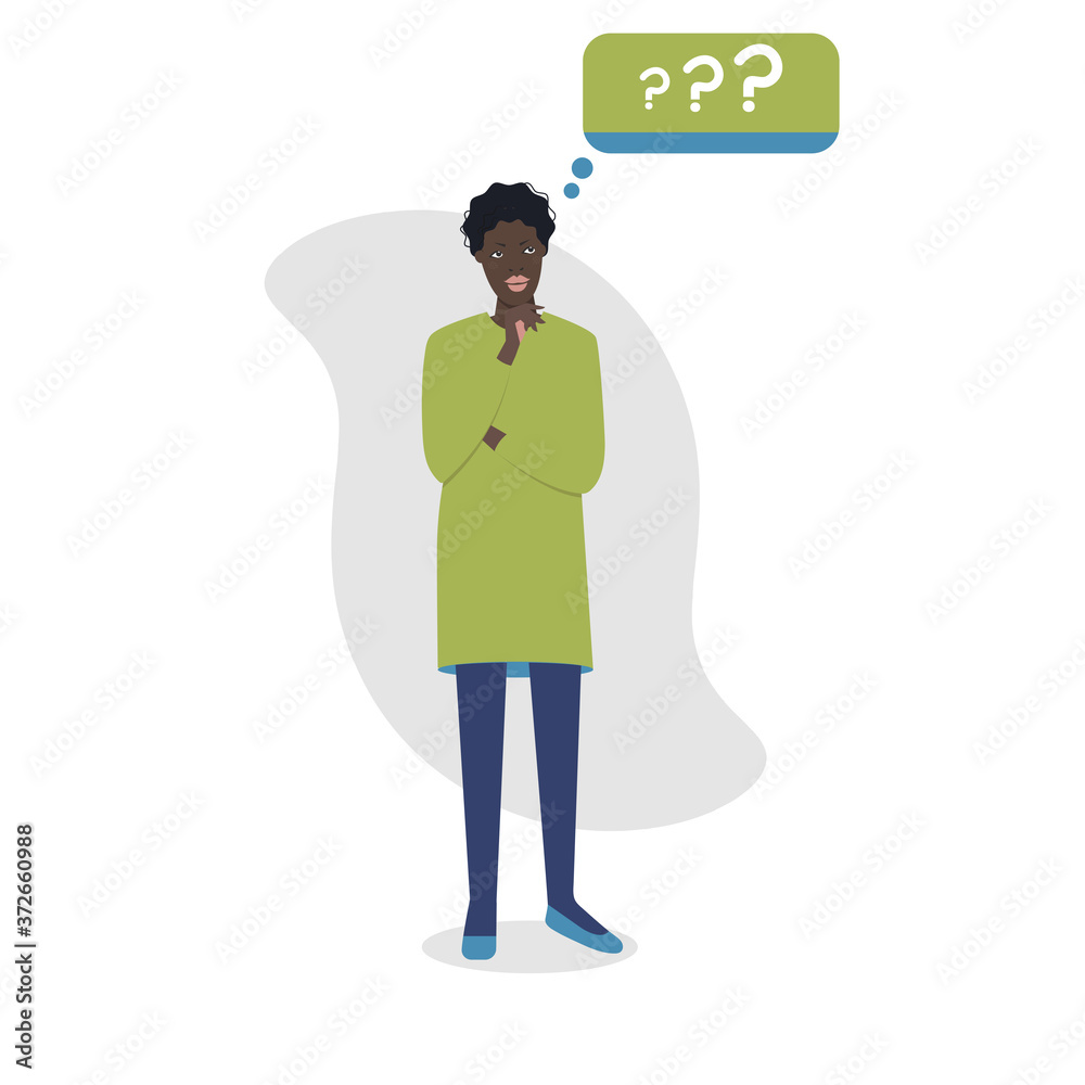 Young black female character asking questions. Question sign. Flat style vector illustration. Young black female character asking questions. Question sign. Flat style vector illustration.