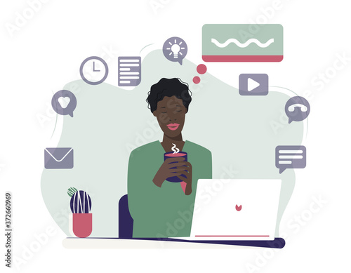 Black female character sitting at a desk, relaxing and drinking coffee or other hot drink. Busy working day. Working from home concept. Flat vector illustration. Design template elements, etc.