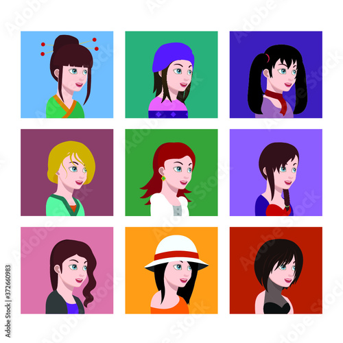 Set of people icons in flat style with faces. Vector women, men with color background