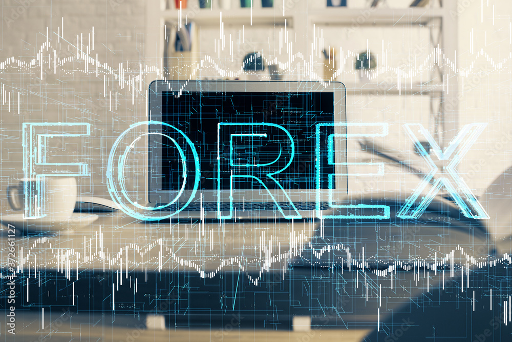 Double exposure of forex graph and work space with computer. Concept of international online trading.