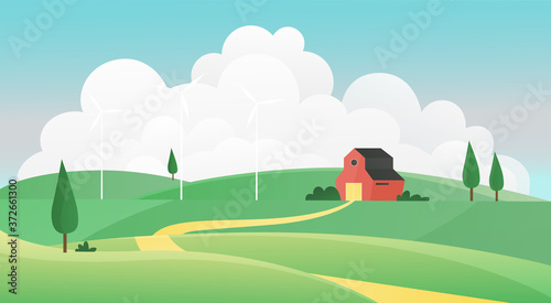 Farm summer landscape vector illustration. Cartoon farmland countryside background scene with road to farmers house through green grass field  on meadow hills  grassland and wind mills  nature scenery