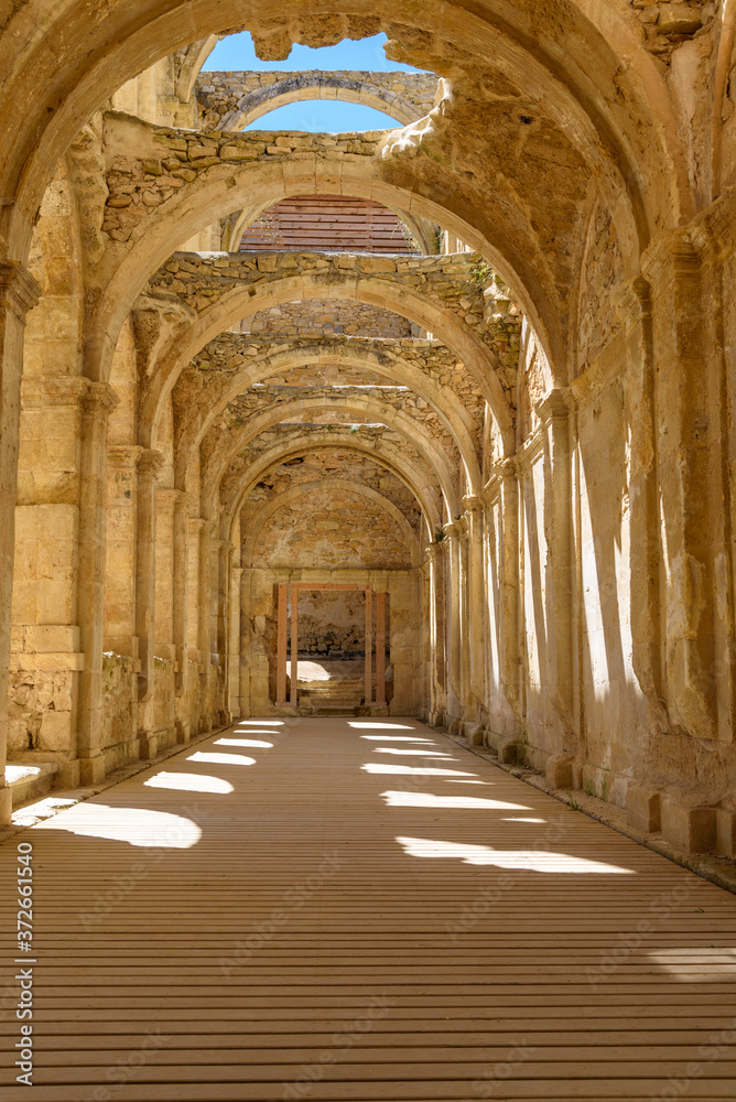 View of the ruins of an ancient abandoned monastery in Santa Maria de Rioseco, Burgos, Spain