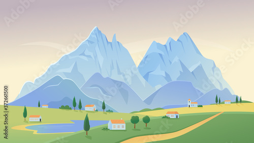 Mountain village landscape vector illustration. Cartoon mountainous countryside rural scenery with farm houses on green field, lake and road path, scenic nature farmland in summer panorama background