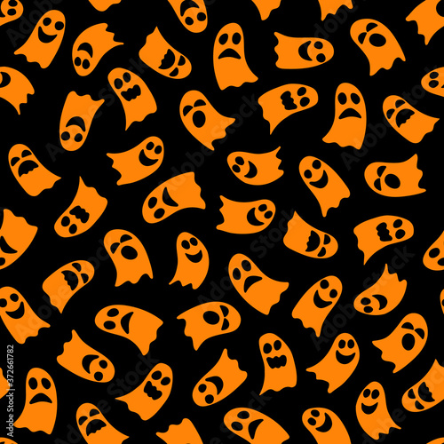 Cute cartoon ghosts seamless pattern. Hand drawn orange spirits on black background for Halloween decoration wrapping scrapbooking paper. Stock vector flat illustration.