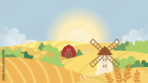 Autumn farm agricultural landscape vector illustration. Cartoon farmland yellow wheat field with wind mill and farmers house or barn of rustic village, panoramic autumnal countryside nature background