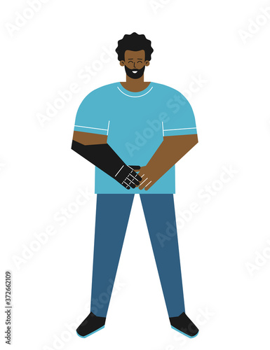 Vector isolated flat illustration with disabled guy. Cartoon african american man has artificial limb after amputation. He's happy to use bionic arm as adaptive technology and equipment for usual life