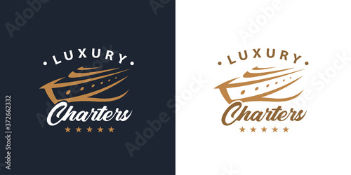 Luxury yacht charters logo concept. Premium leisure boat marine vacation icon. Gold passenger cruise ship travel symbol. Vector illustration.