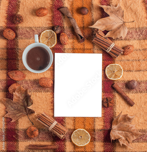 old checkered blanket with orange red and brown patterns.dry leafs and fruits. autumn background. plain white sheet of paper. cup of coffee © Marius Igas