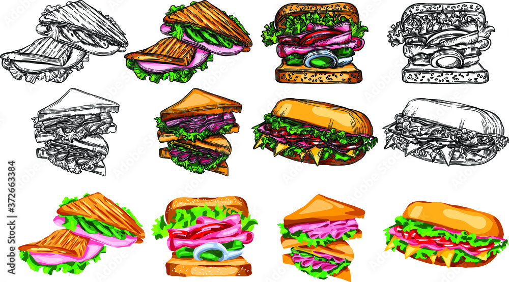 Vector fast food illustrations in the style of the sketch. Burgers, pizza, sandwiches, fries, burgers. High-quality detailed drawing of elements. Vector fast food illustrations in the style of the sketch. Burgers, pizza, sandwiches, fries, burgers. High-quality detailed drawing of elements.