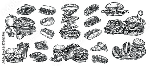 Vector fast food illustrations in the style of the sketch. Burgers, pizza, sandwiches, fries, burgers. High-quality detailed drawing of elements.