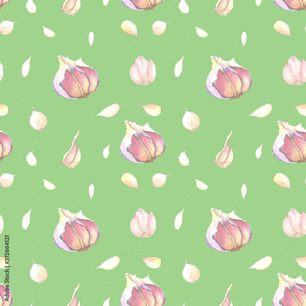 Garlic pattern. Watercolor hand drawn illustration, isolated on green background